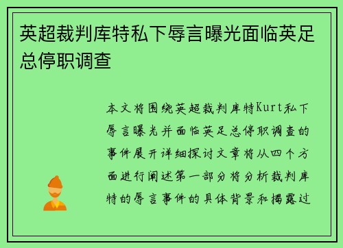 英超裁判库特私下辱言曝光面临英足总停职调查